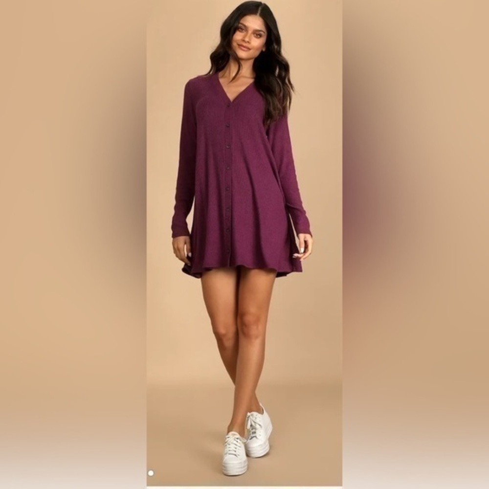 Lulu’s Sweet Comfort Heather Purple Button-Front Sweater Dress heather p…